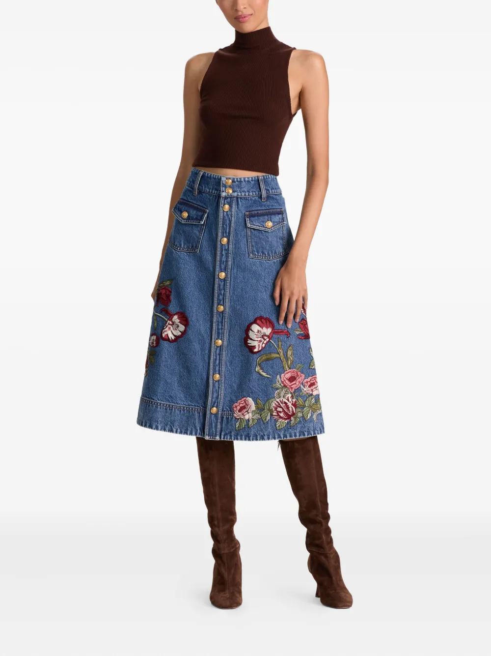 Alice + olivia Dahlia denim rok met geborduurde bloemen - Blauw