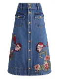alice + olivia Dahlia floral-embroidered denim skirt - Blue