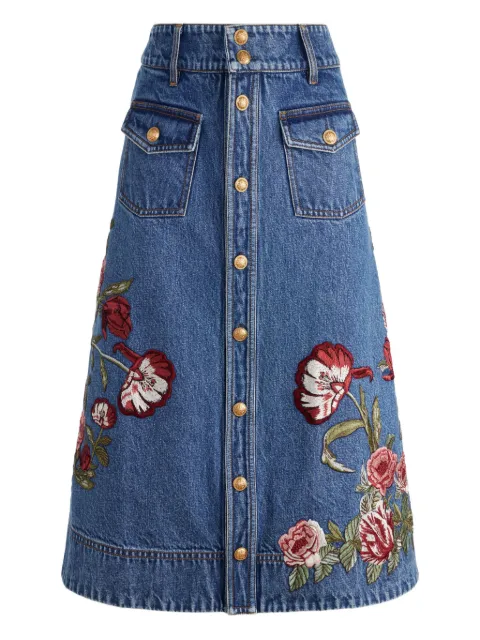 alice + olivia Dahlia floral-embroidered denim skirt