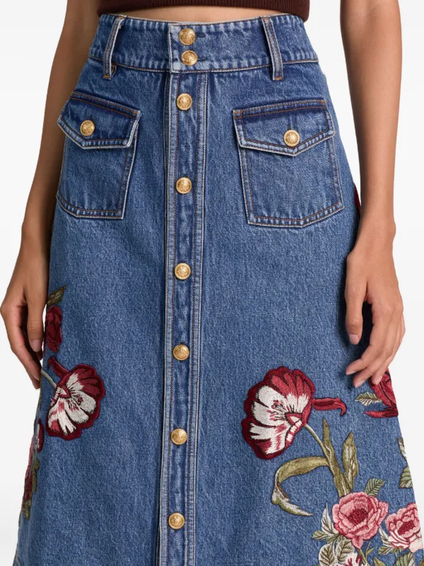 Jupe En Jean Foncé Ann Taylor - Broderie Florale - Taille 4 - Occasion Très Bon état