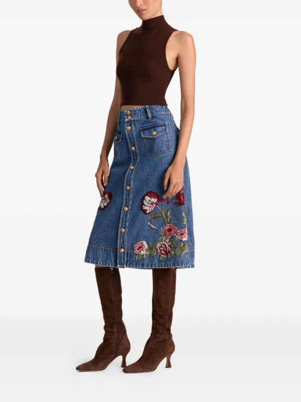 Alice Olivia Dahlia floral-embroidered Denim Skirt Blue FARFETCH IN