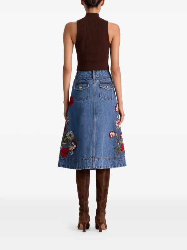Alice + Olivia Dahlia floral-embroidered Denim Skirt | Blue