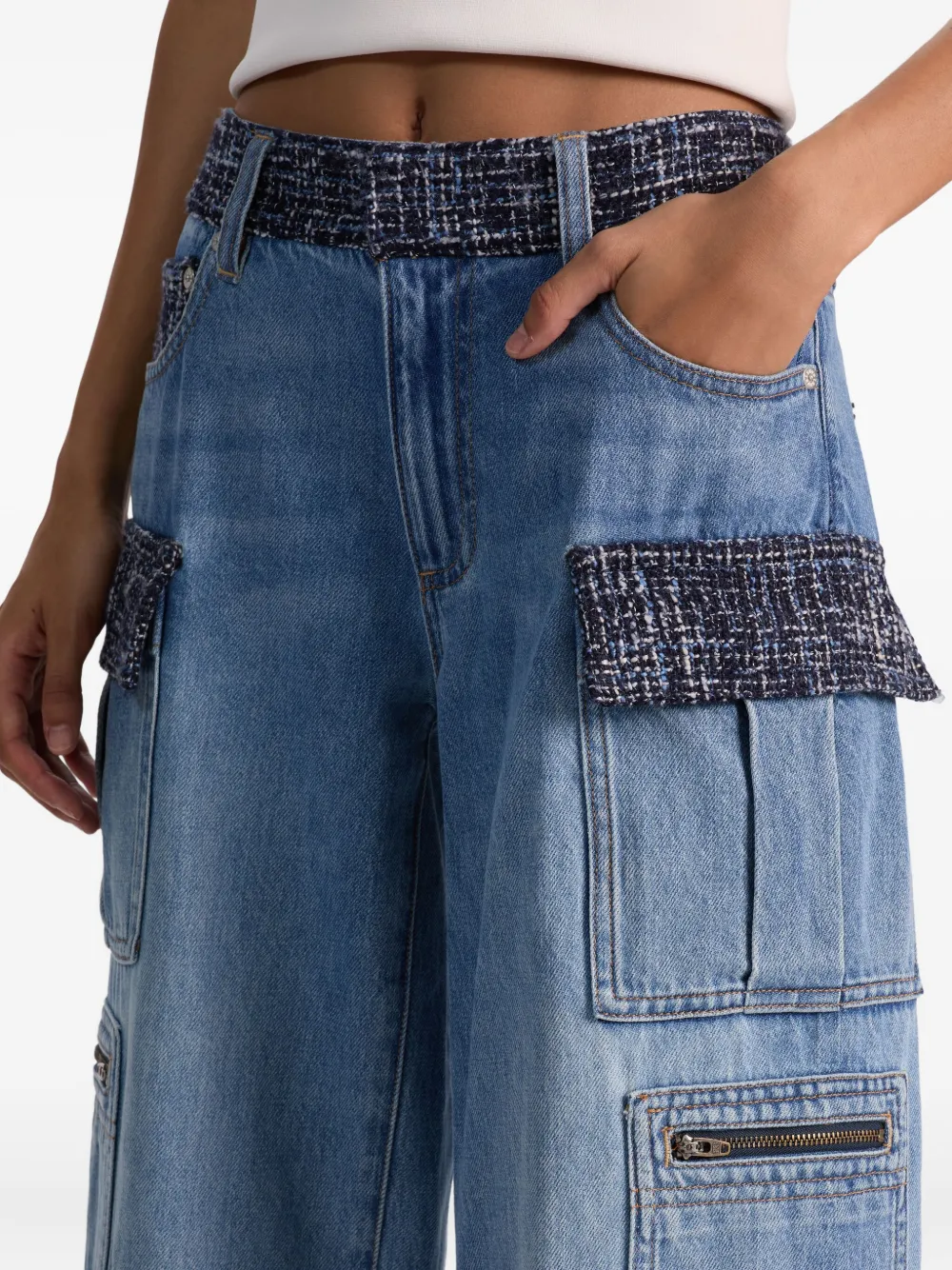 Alice And Olivia Tweed-panel Cargo Jeans In Blue
