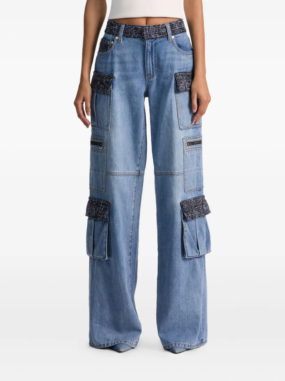Alice And Olivia Tweed-panel Cargo Jeans In Blue