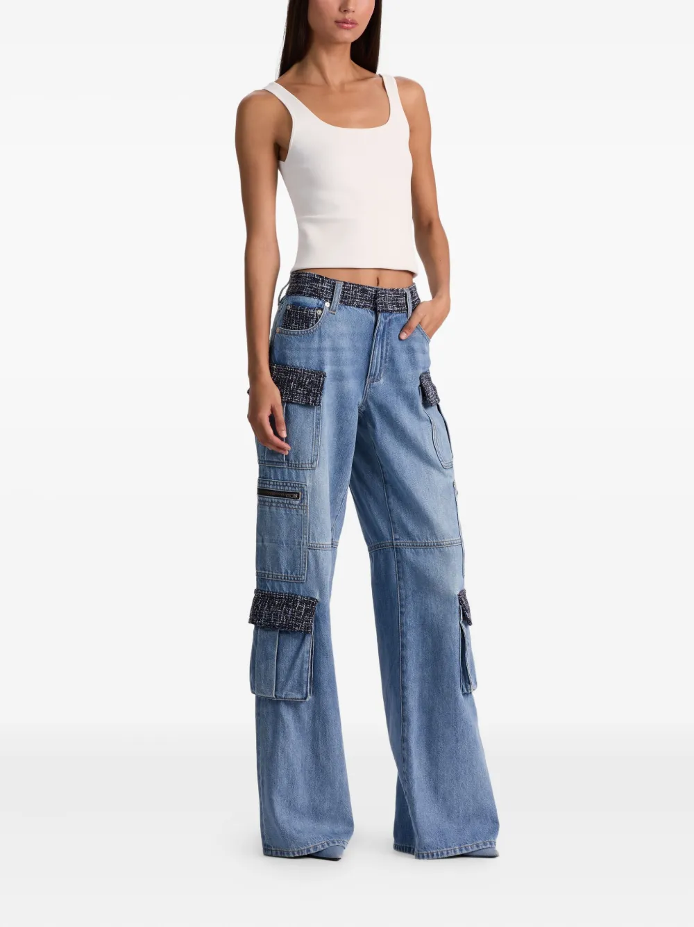 Alice And Olivia Tweed-panel Cargo Jeans In Blue