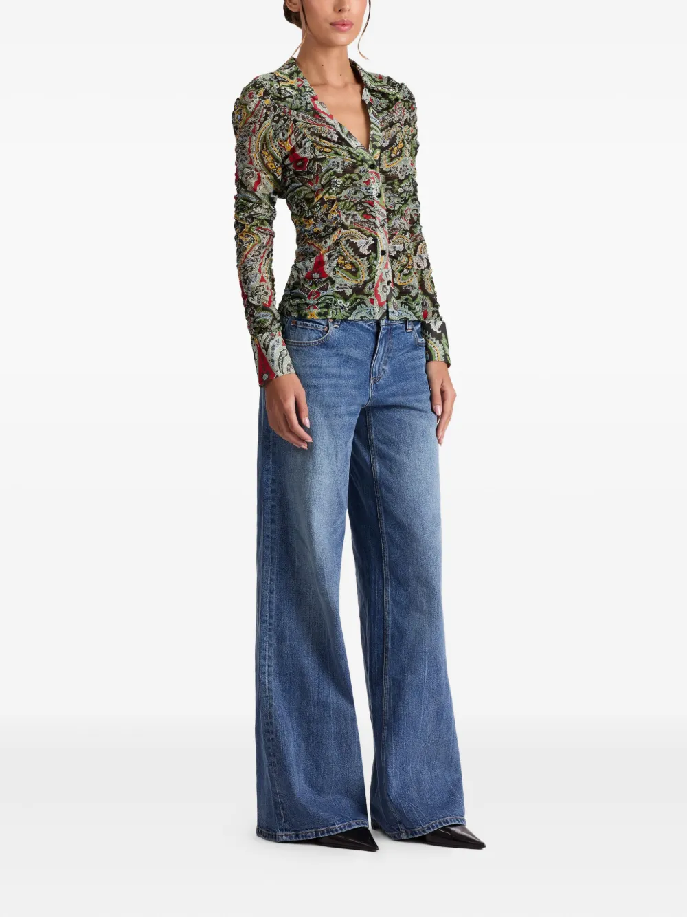 Alice And Olivia Paisley-print Ruched Blouse In Green