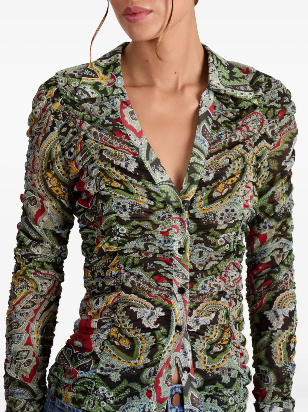 Alice And Olivia Paisley-print Ruched Blouse In Green