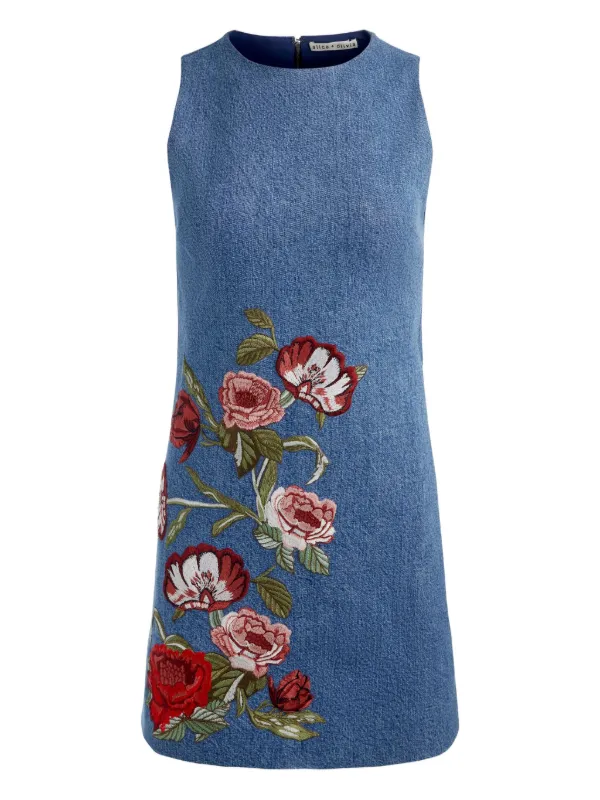 Alice + Olivia Cade Embroidered Denim Mini Dress, Size 0