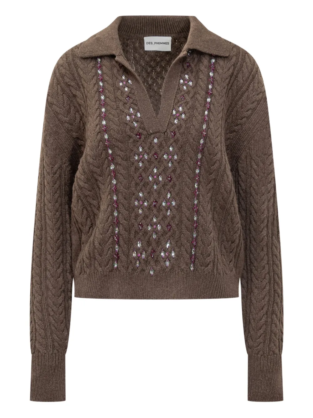 DES PHEMMES cable-knit embellished polo-neck top | Braun | Image 1