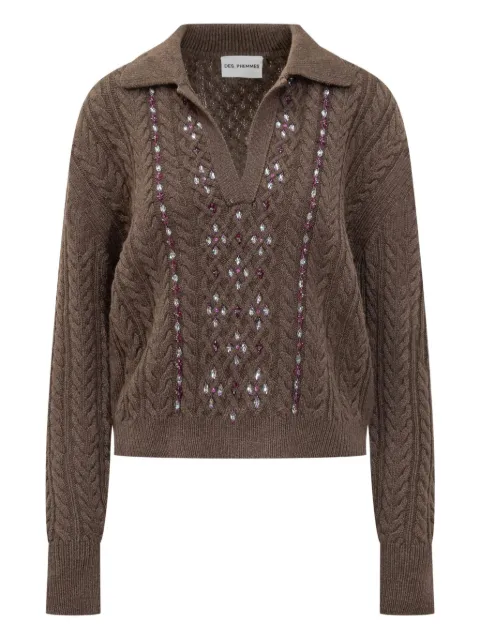 DES PHEMMES cable-knit embellished polo-neck top