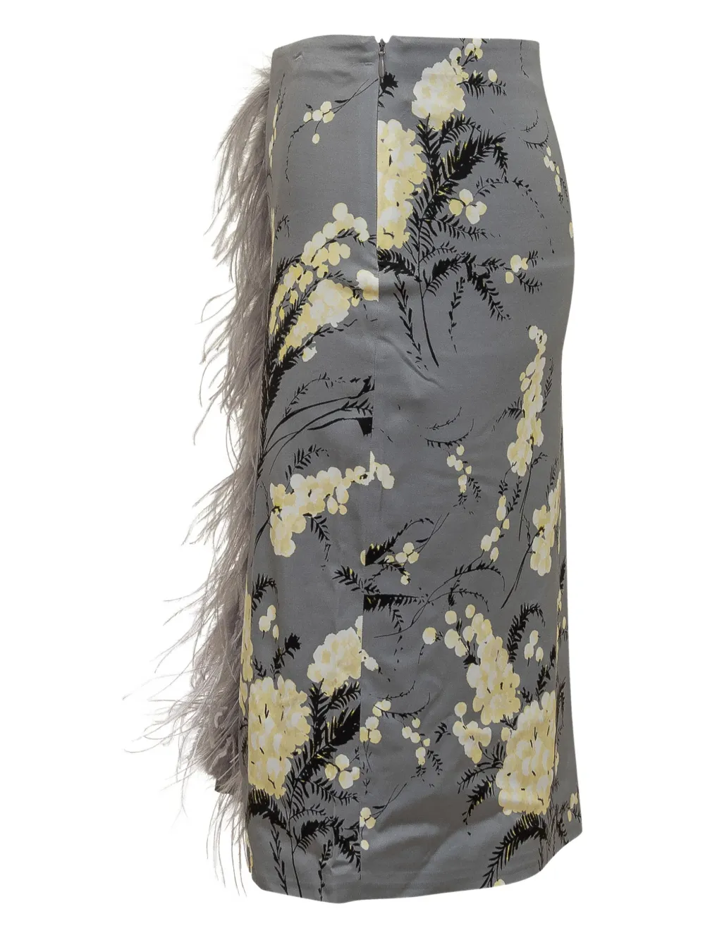 DES PHEMMES feather-trimmed floral midi skirt Grijs