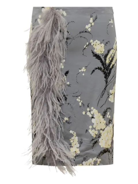 DES PHEMMES feather-trimmed floral midi skirt