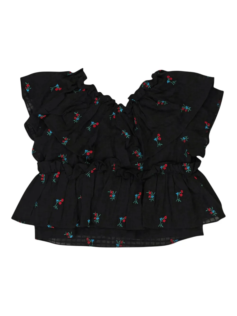 Callipygian floral-embroidered ruffled blouse - Zwart