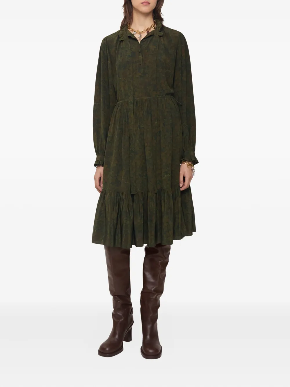 Burberry leaf-print ruffled dress - Groen