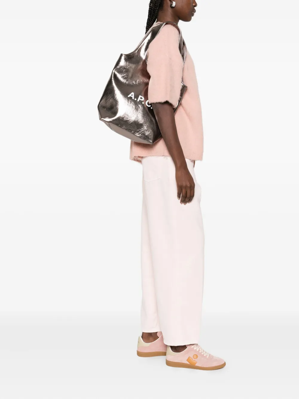 A.P.C. Kleine Ninon metallic shopper met logo Zilver