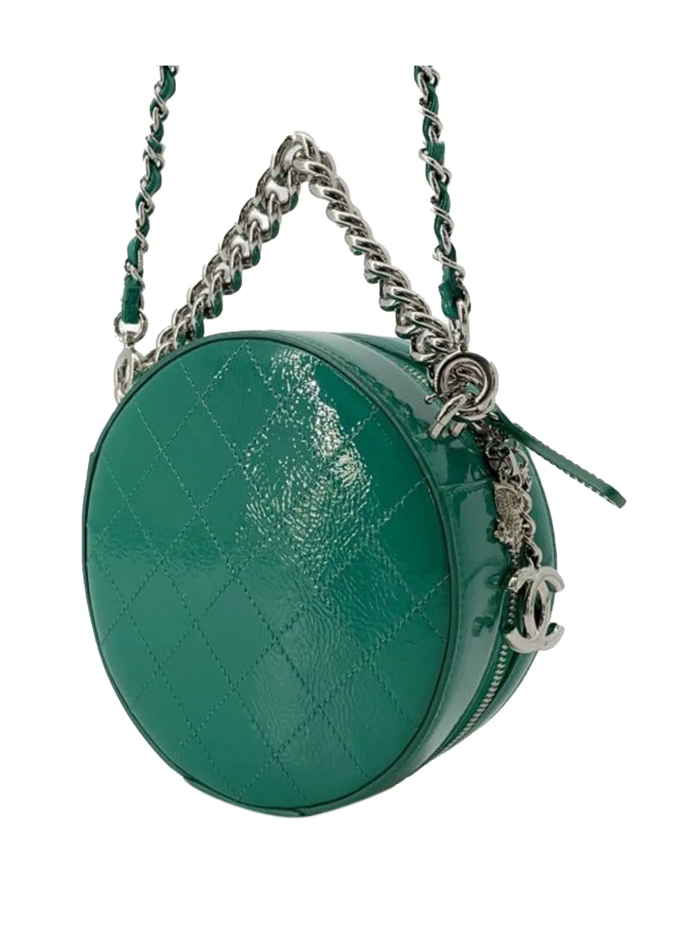Pre-owned Chanel 2018-2019 Patent Round As Earth Bag Satchel In Green