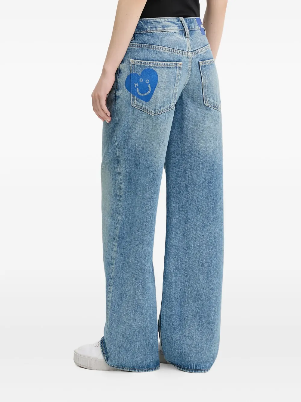 HUGO Smiley-Face jeans met wijde pijpen en logo Blauw
