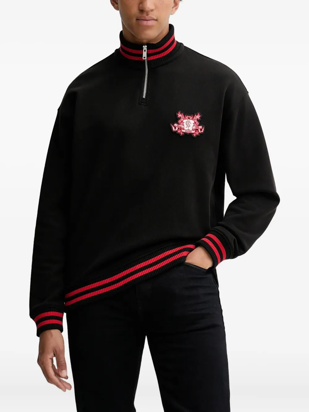 HUGO Sweater met geborduurd wapenschild en halve rits Zwart