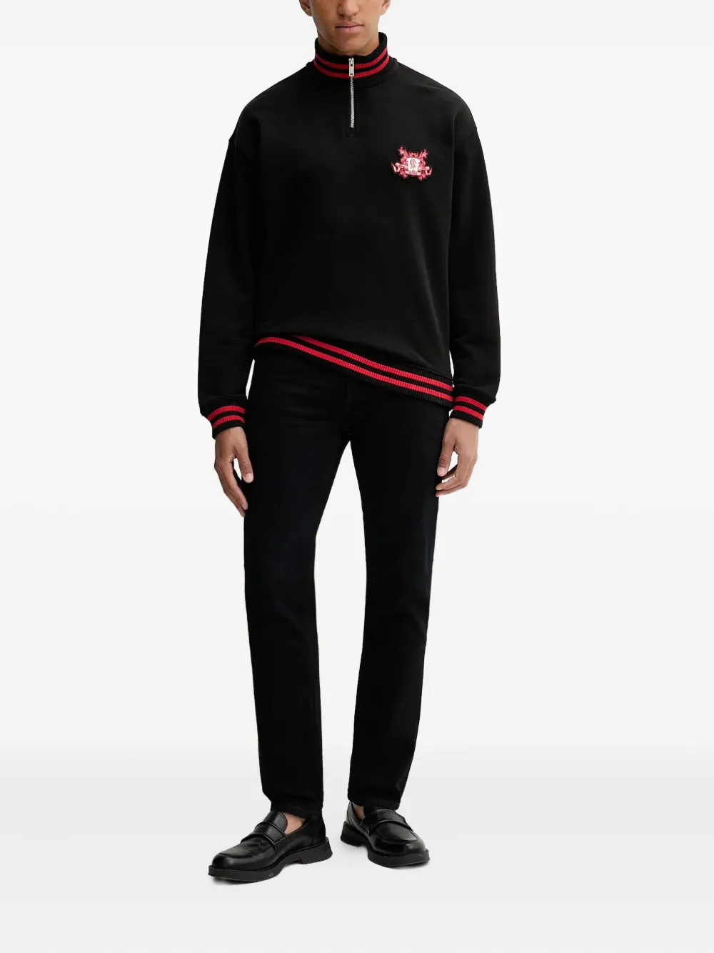 HUGO Sweater met geborduurd wapenschild en halve rits - Zwart