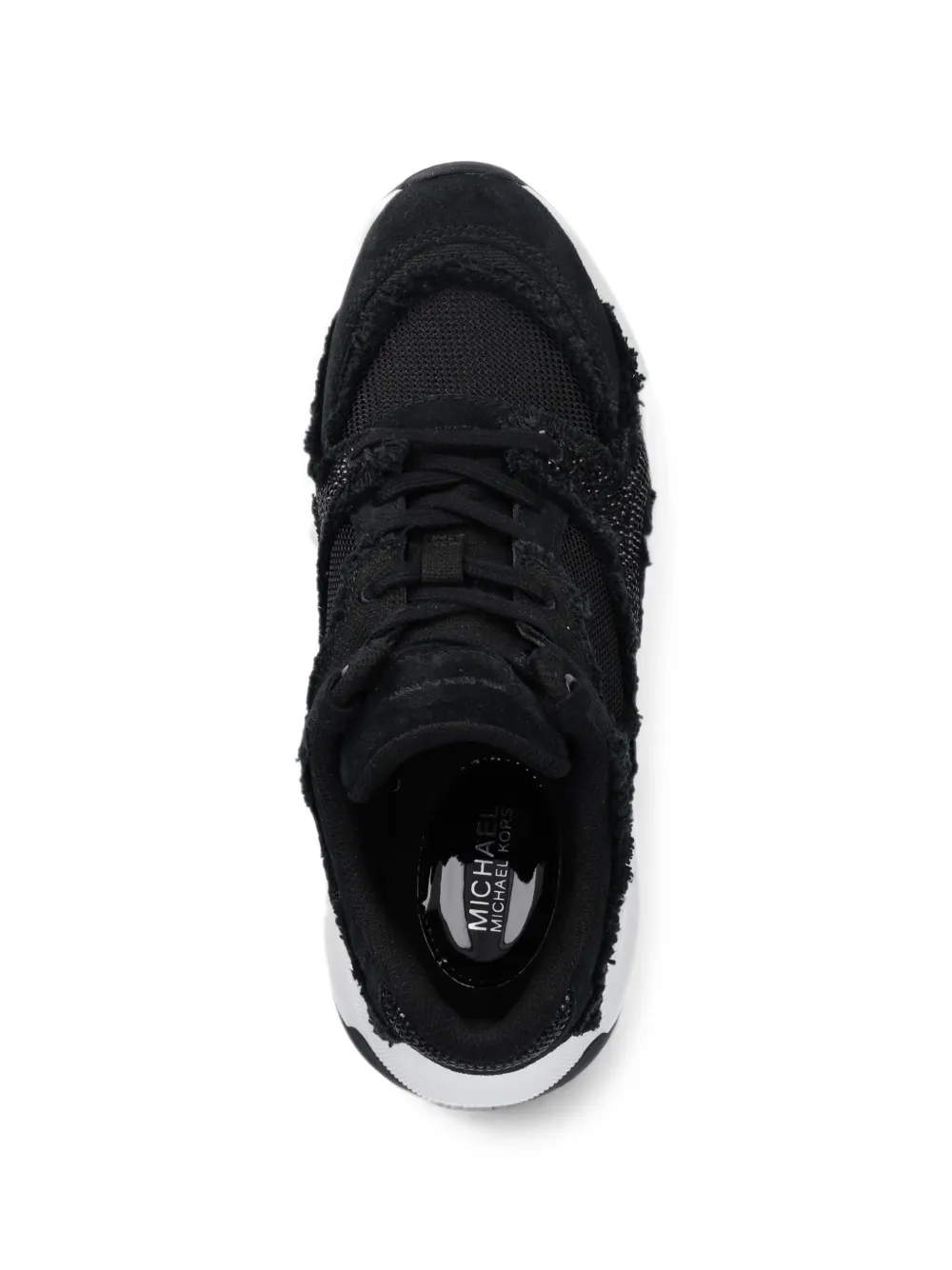 Michael Kors Zuma embellished frayed mixed-media trainer Zwart