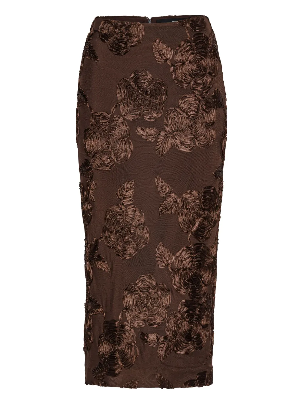 Rotate Birger Christensen Rose-embellished Pencil Midi Skirt In Brown