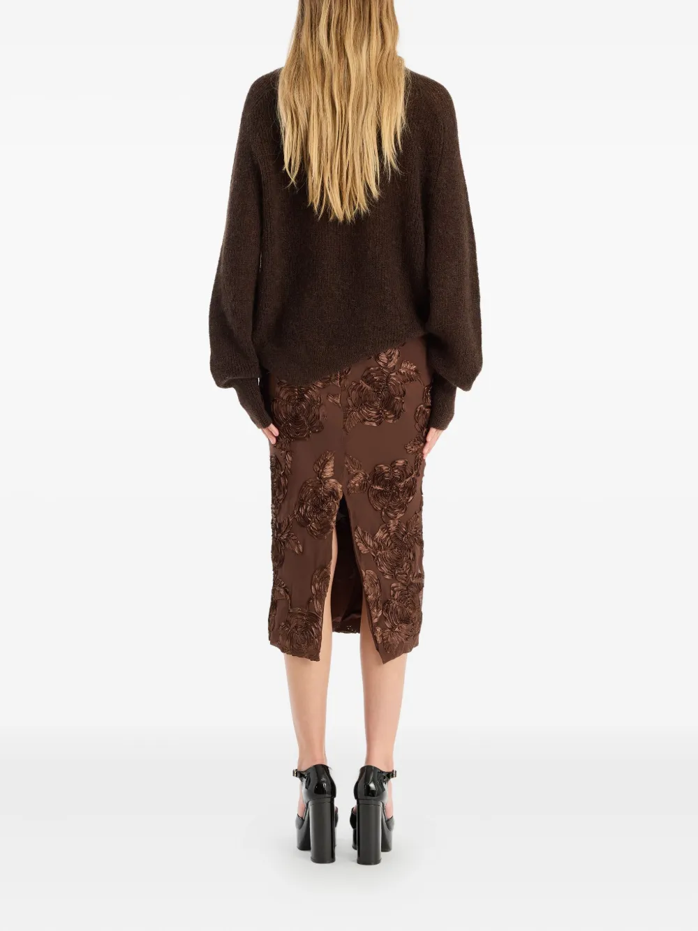 Rotate Birger Christensen Rose-embellished Pencil Midi Skirt In Brown