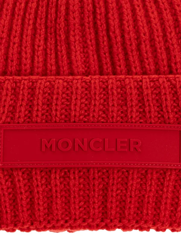 Moncler Ribbed logo-plaque Beanie | Red | FARFETCH