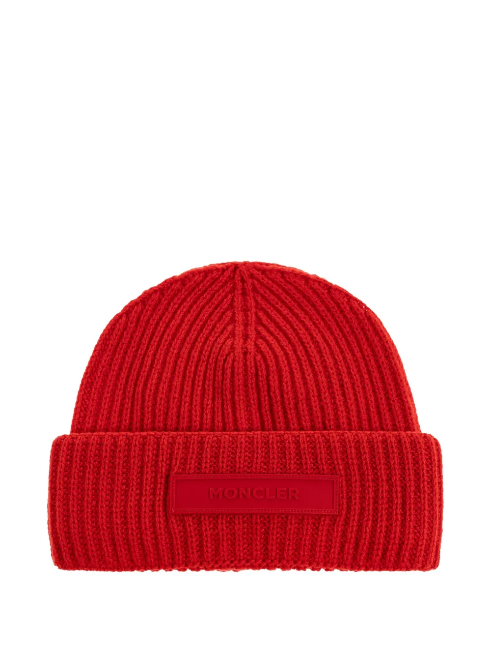 Moncler Ribbed Logo-plaque Beanie In Red