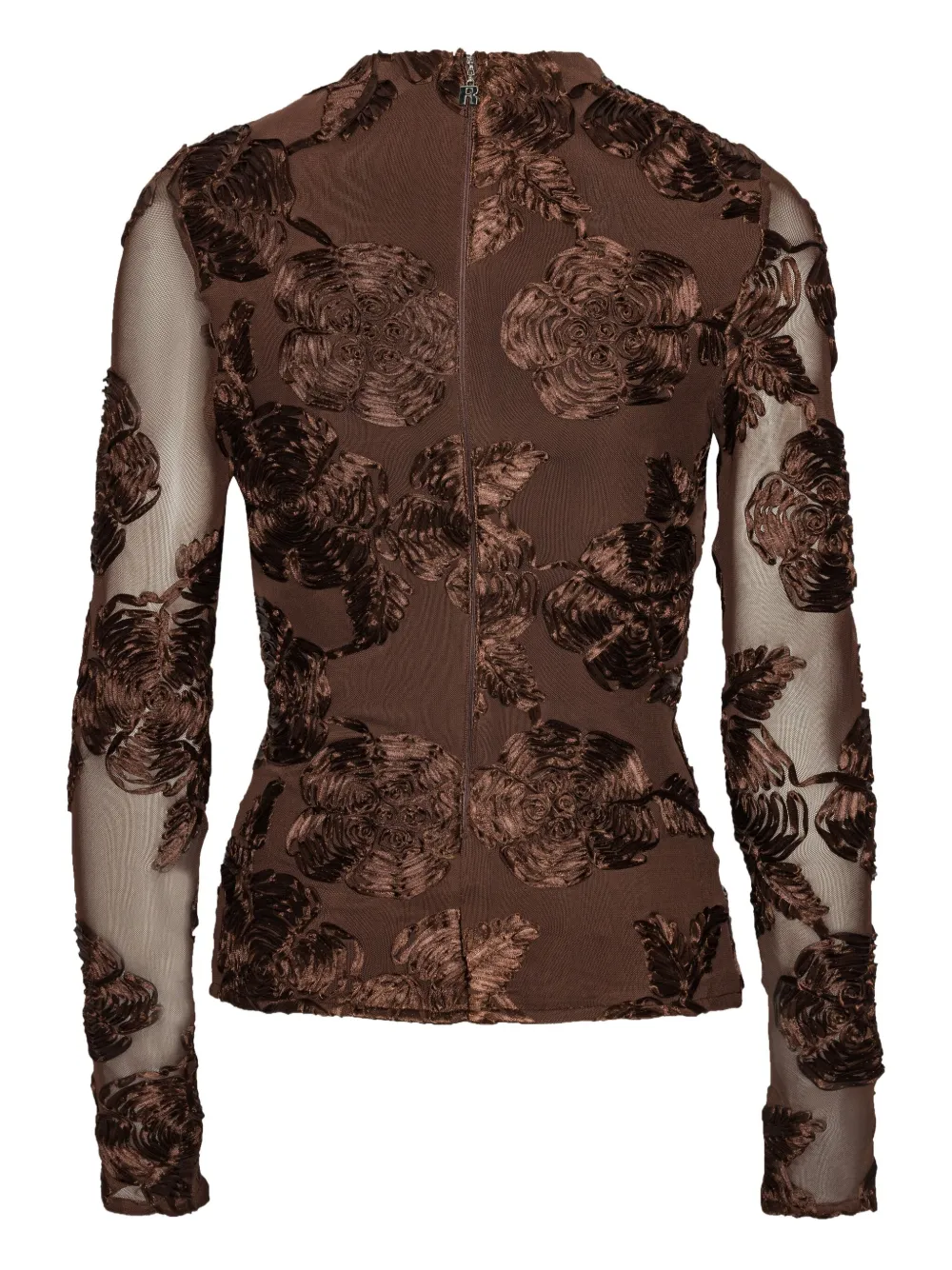 Rotate Birger Christensen Flower-embellishment Mesh Long-sleeve Top In Brown