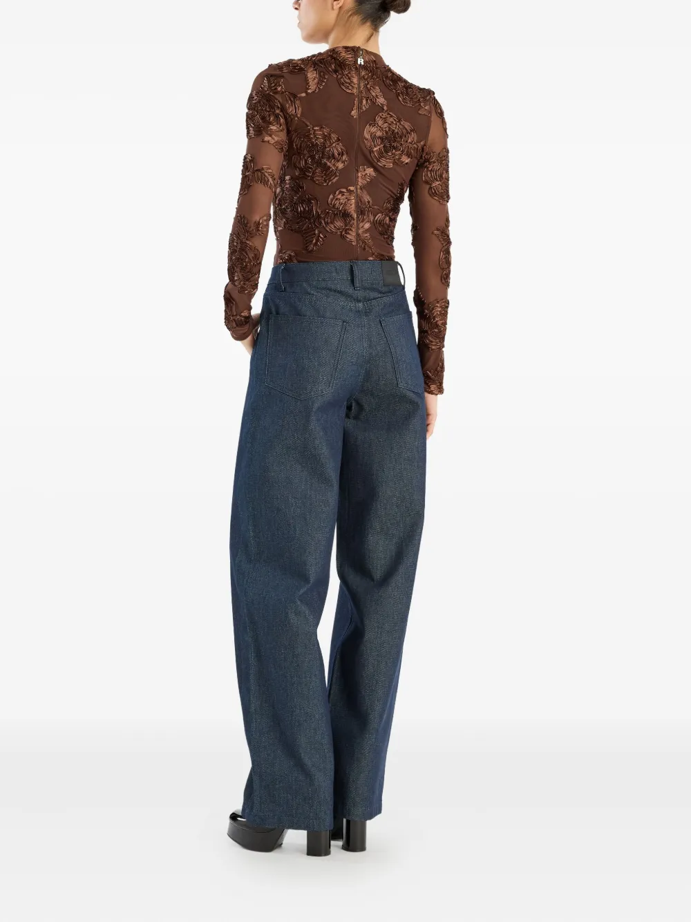 Rotate Birger Christensen Flower-embellishment Mesh Long-sleeve Top In Brown