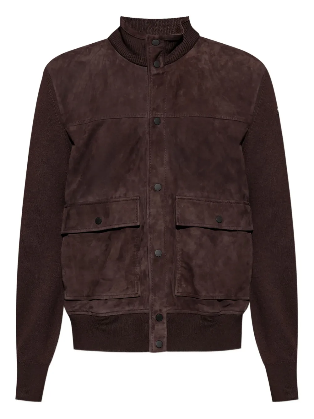 Moncler Suede Knitted Panel Cardigan In Brown