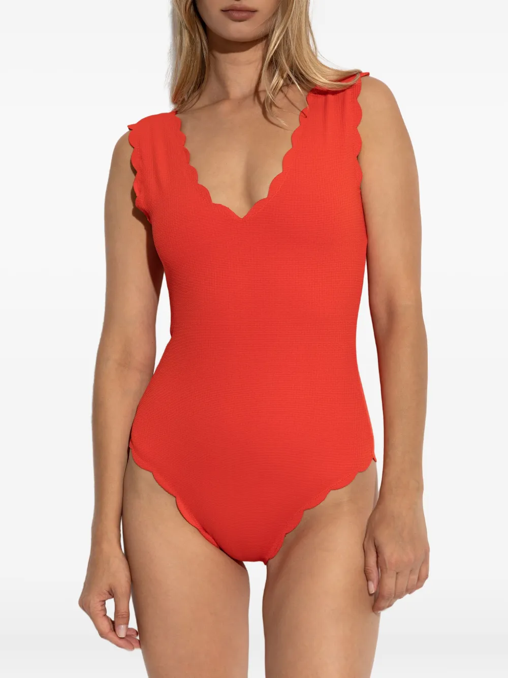 Marysia Charleston Scalloped Seersucker Swimsuit In Red