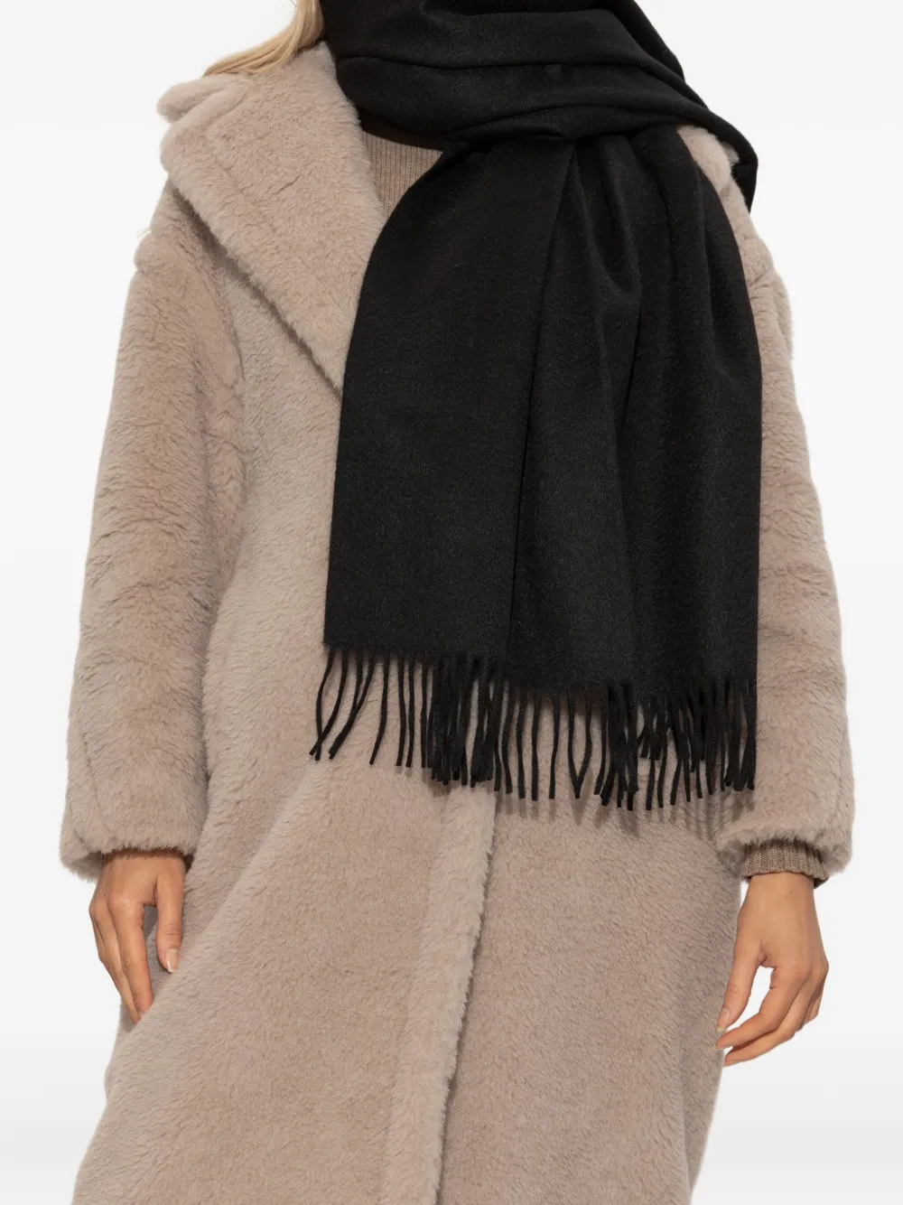 Max Mara Embroidered-logo Fringed Wool Scarf In Black