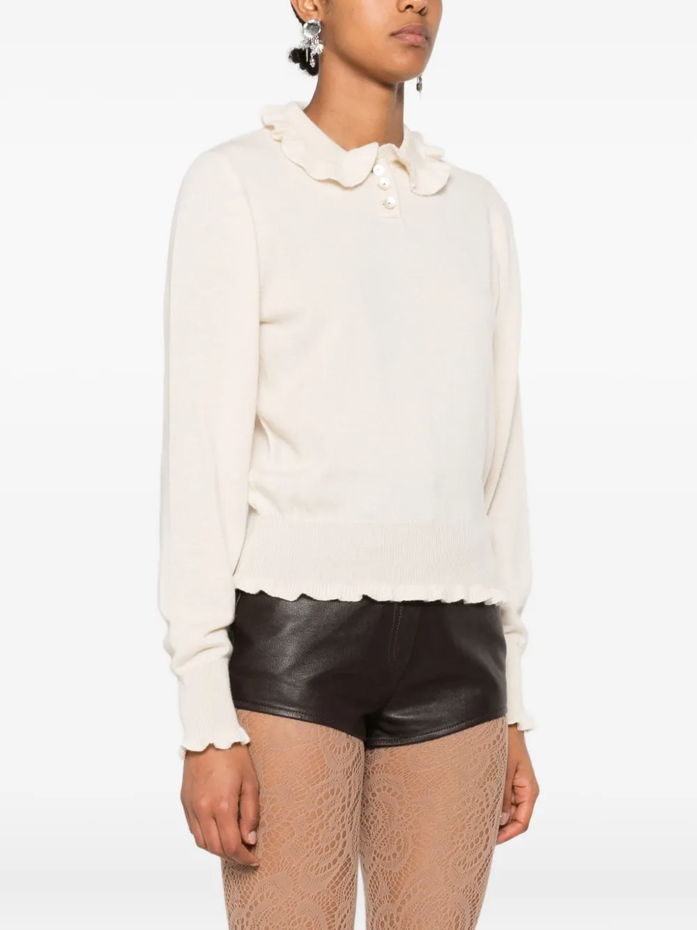 Valentino Ruffled-collar Cashmere Polo Top In Neutral