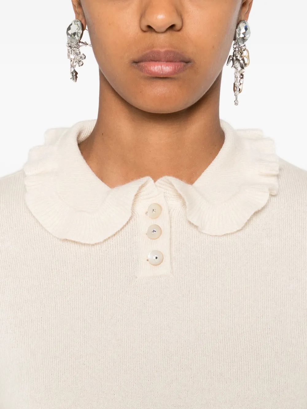 Valentino Ruffled-collar Cashmere Polo Top In Neutral
