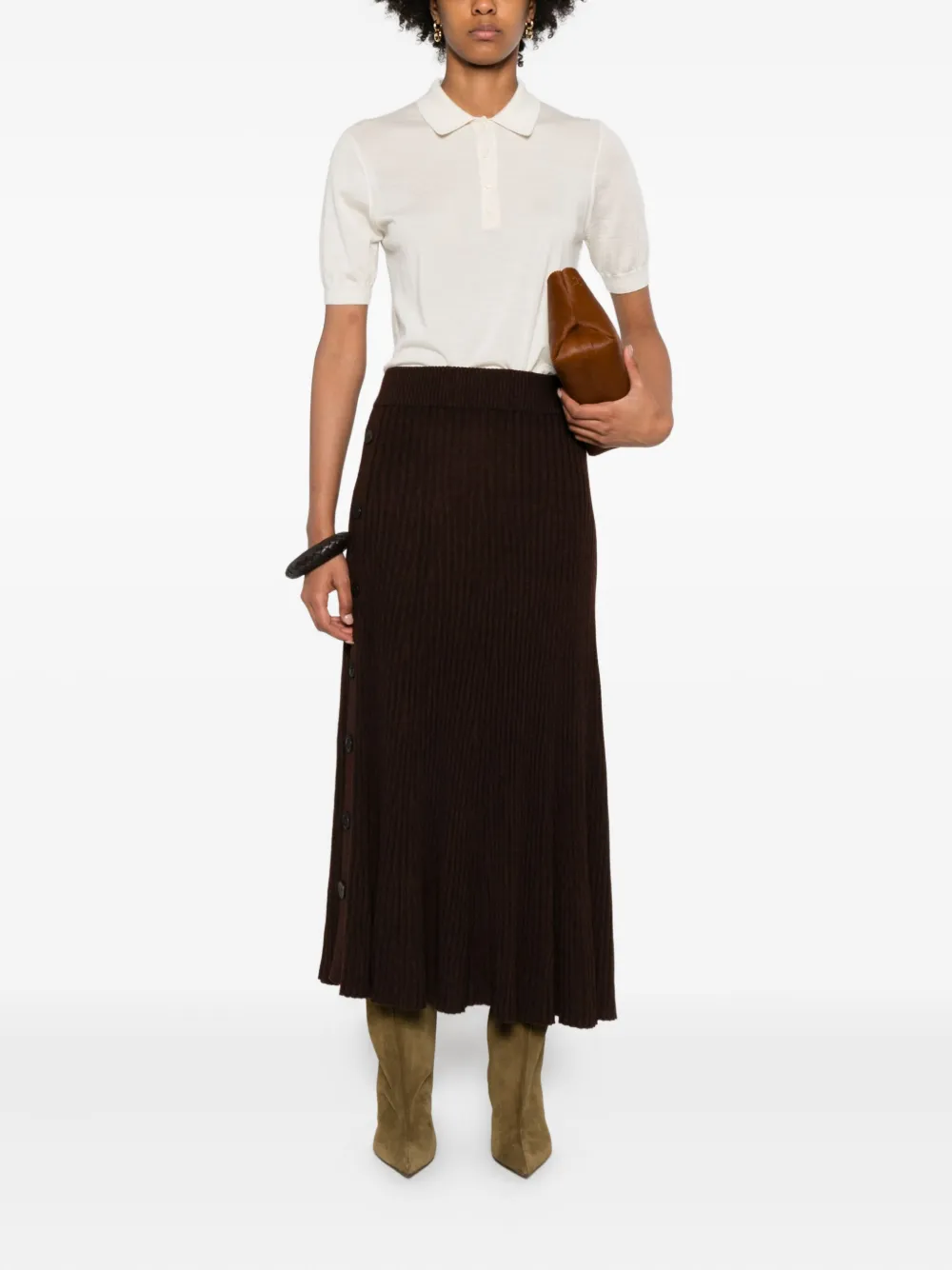 Eric Bompard Ribbed Flared Midi Skirt In Brown