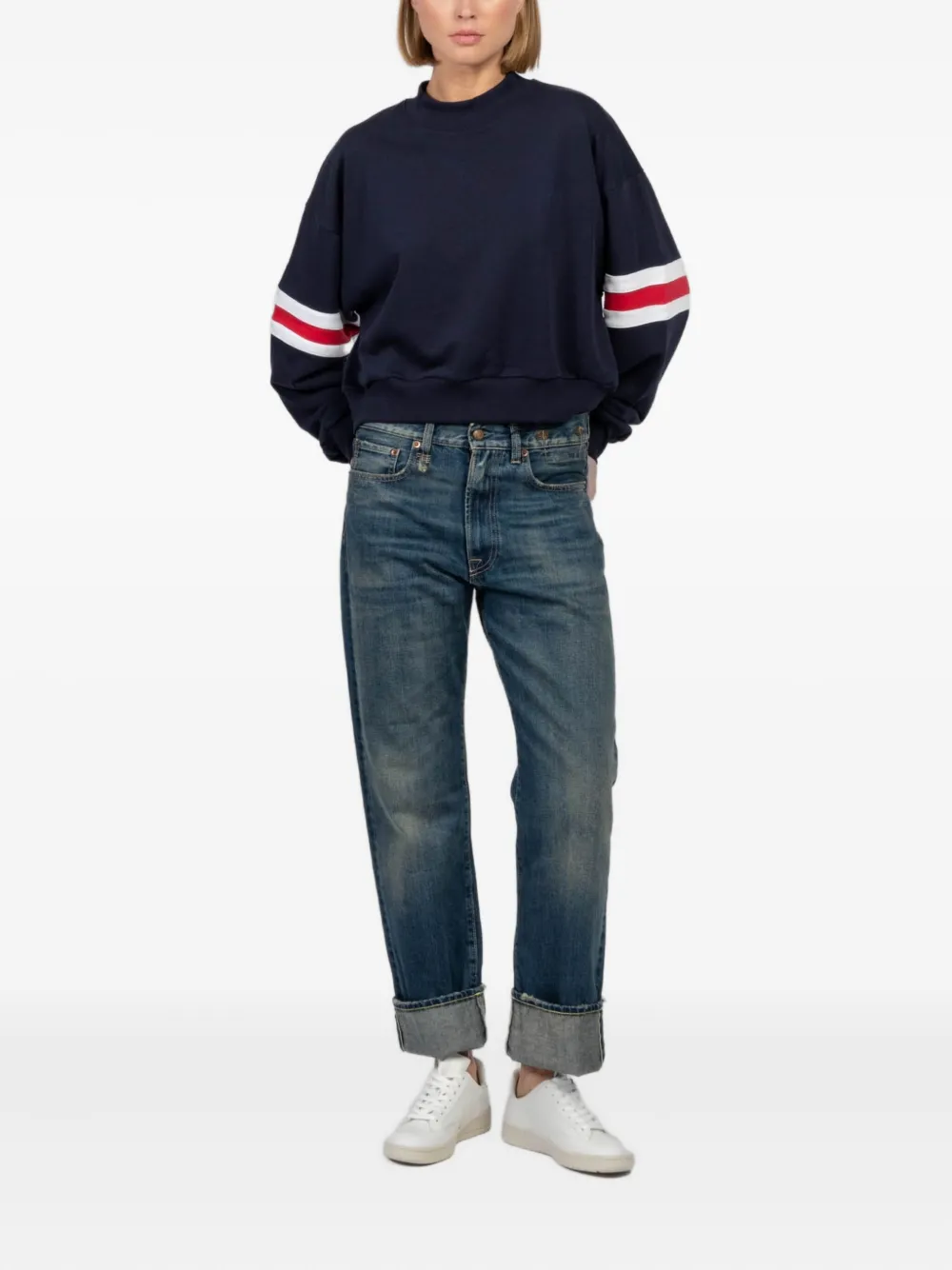 Freedér Mock-neck Stripe-sleeve Sweater In Blue
