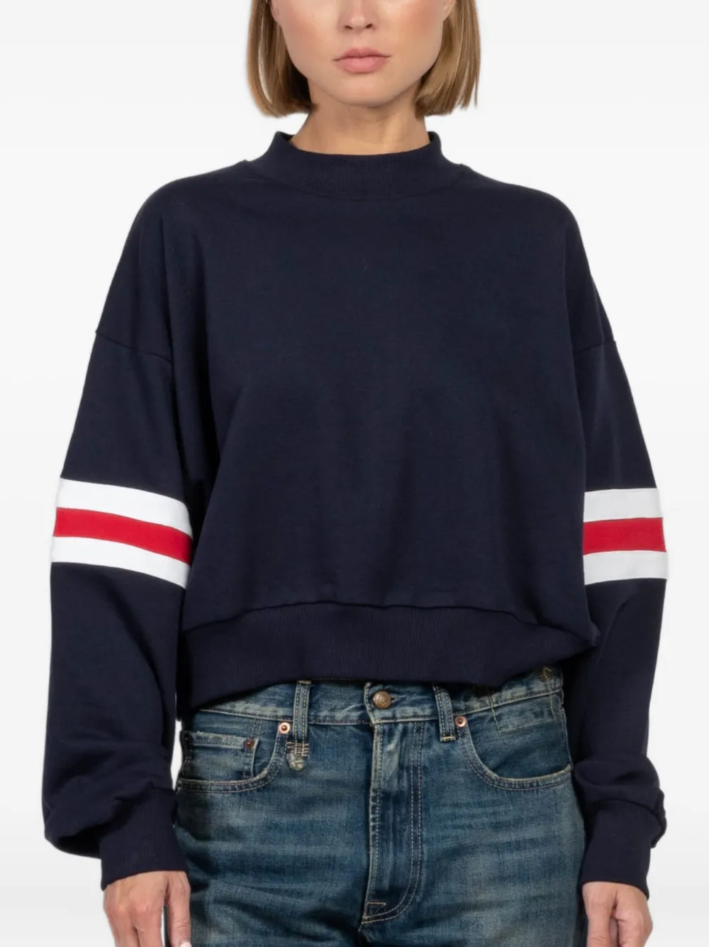 Freedér Mock-neck Stripe-sleeve Sweater In Blue