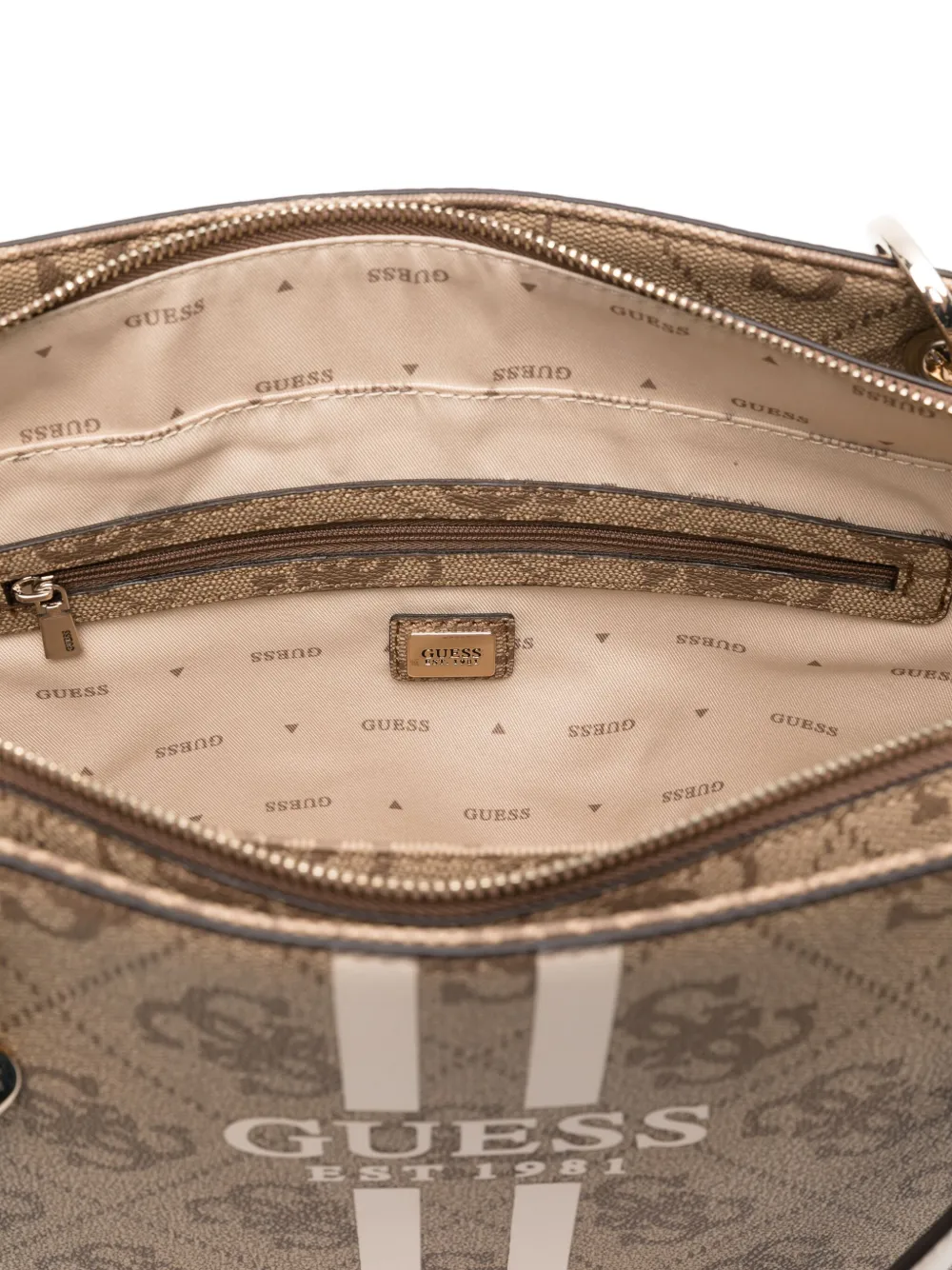GUESS USA Gestreepte shopper met logoplakkaat Beige