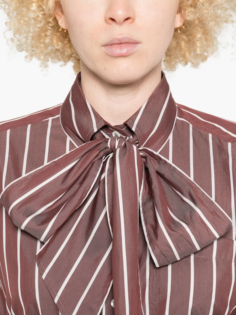 Brunello Cucinelli Striped Long Sleeve Top With Bow Detail In Brown