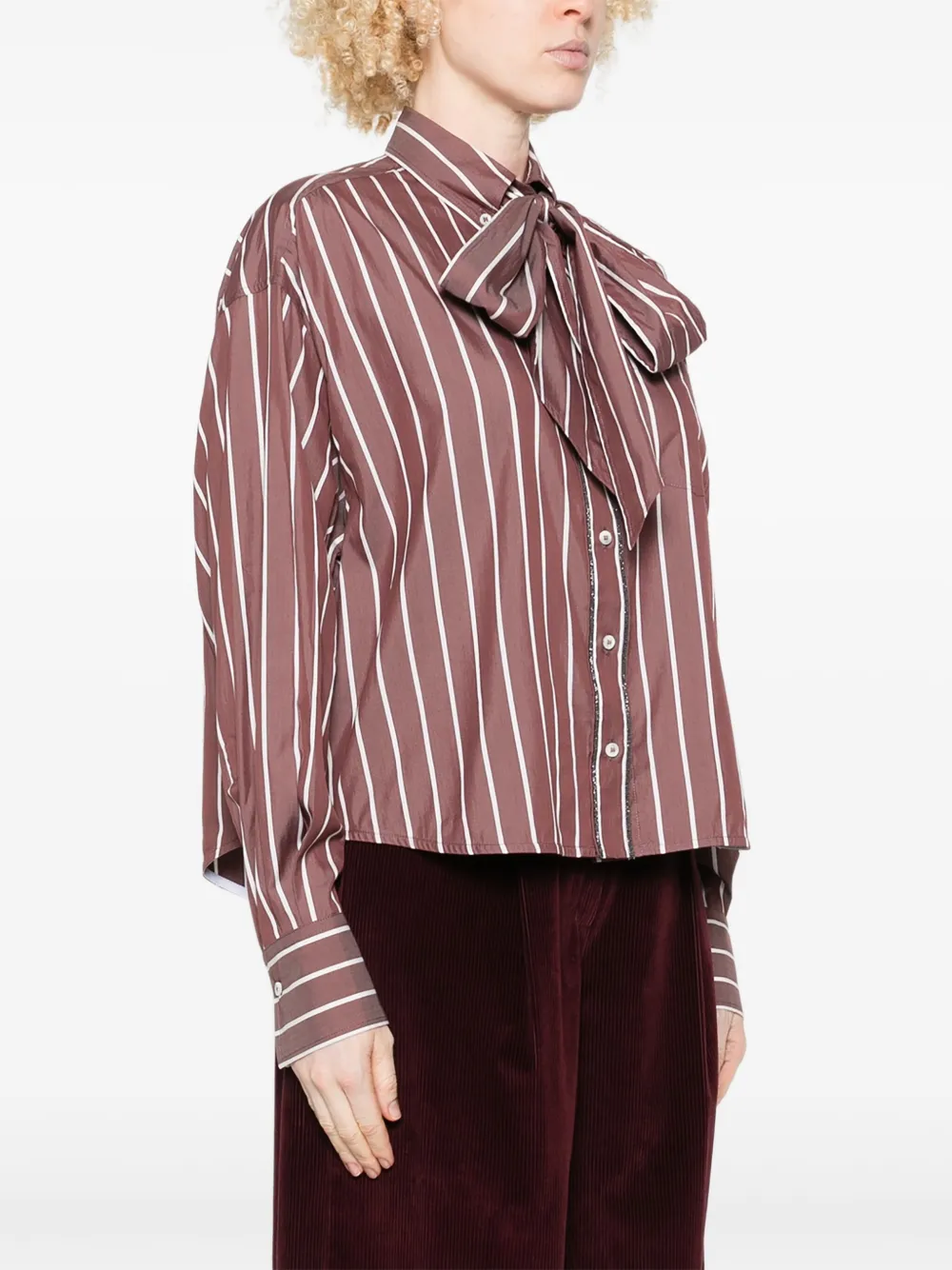 Brunello Cucinelli Striped Long Sleeve Top With Bow Detail In Brown
