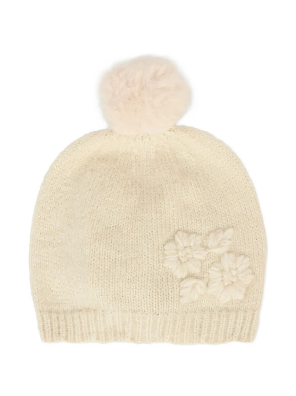Mayoral flower-embroidery beannie hat (set of three) - Beige