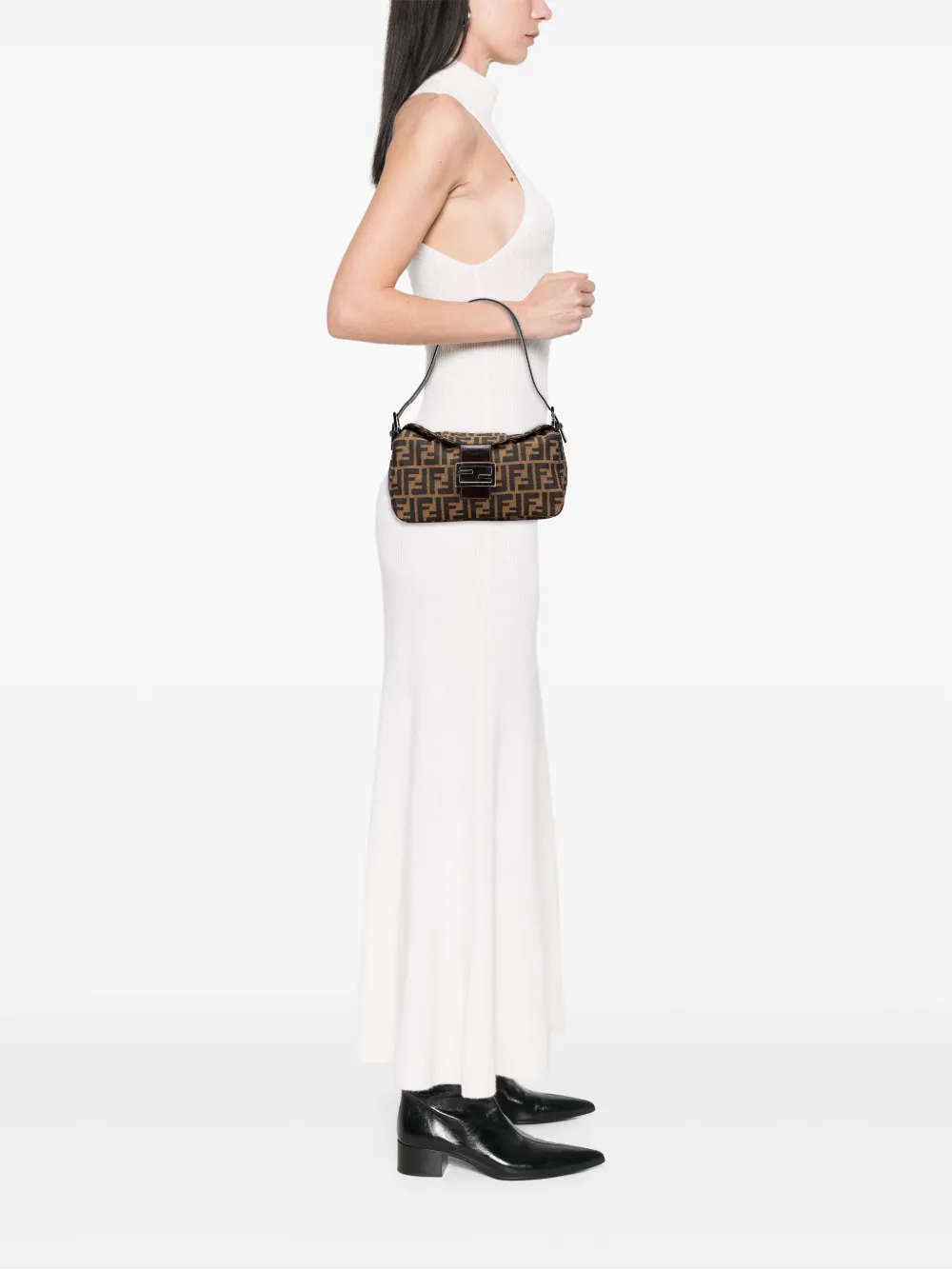 Pre-owned Fendi 2000-2010 Zucca Canvas Double Flap Shoulder Bag In Brown