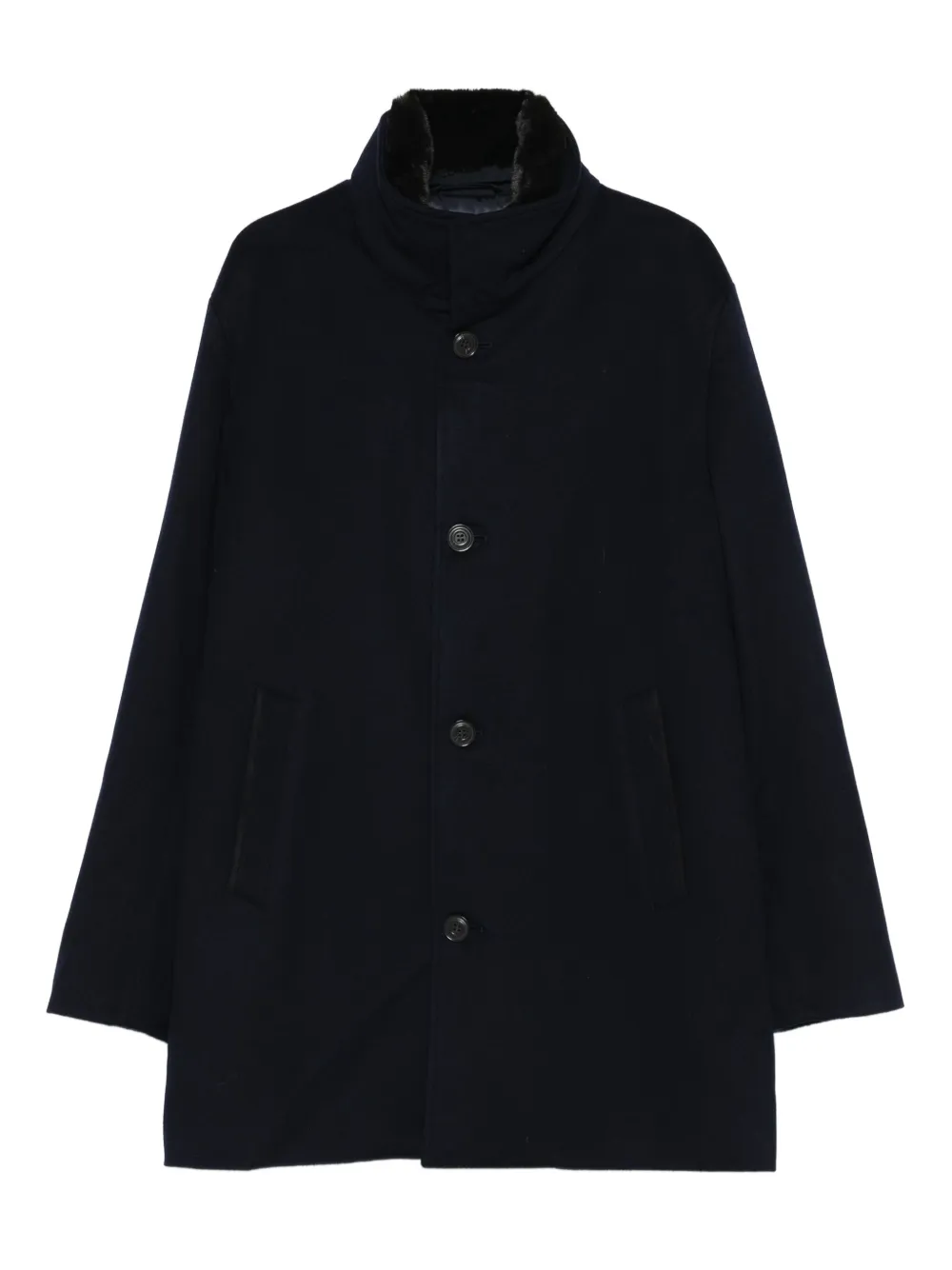 Paul & Shark High Neck Coat With Fur Trim And Pockets In Blue