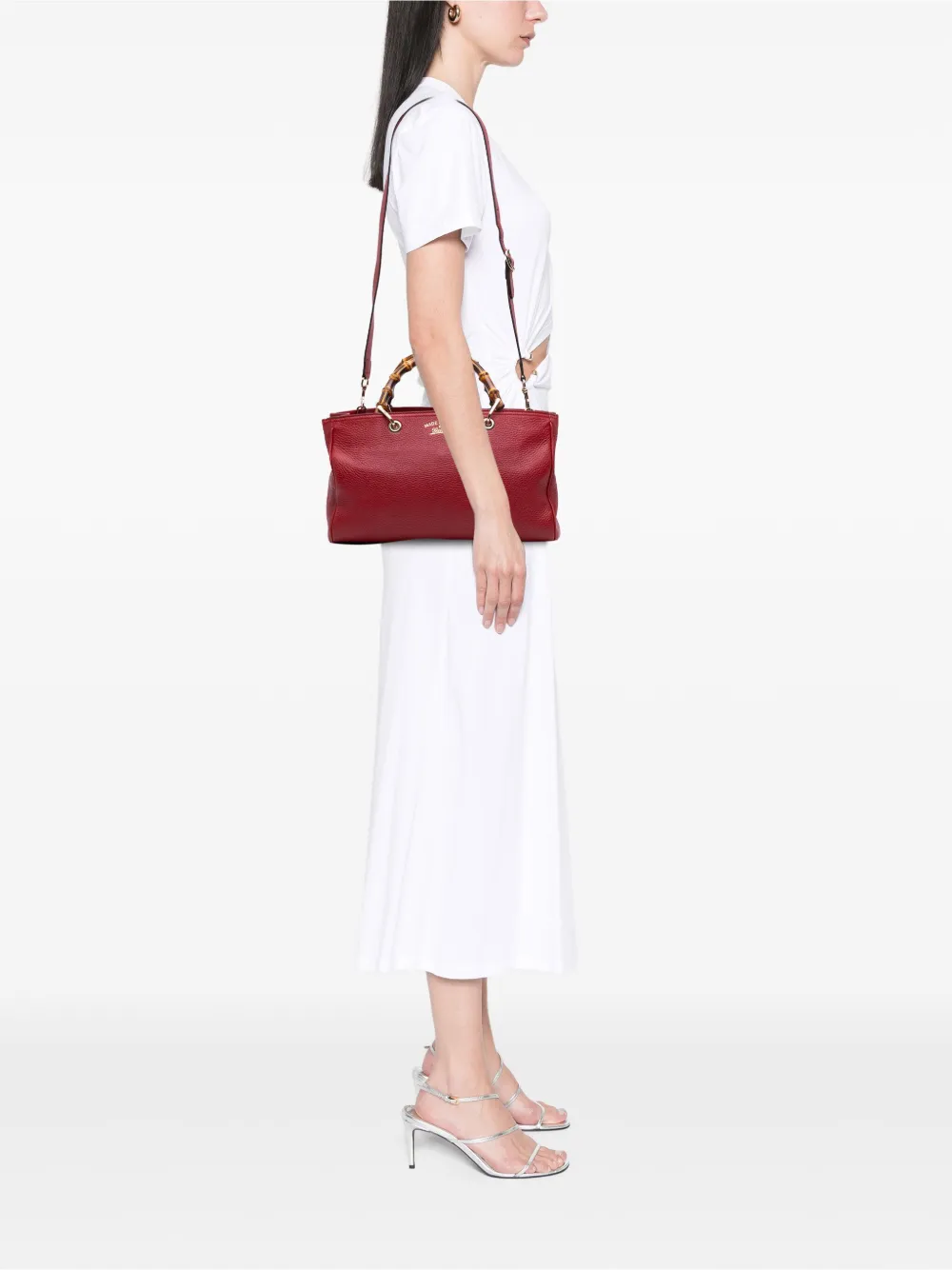 Pre-owned Gucci 2016-2025 Medium Calfskin Bamboo Shopper Satchel In Red
