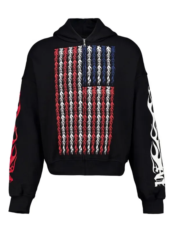 Palm Angels Flames Flag zip-up Hoodie | Black | FARFETCH