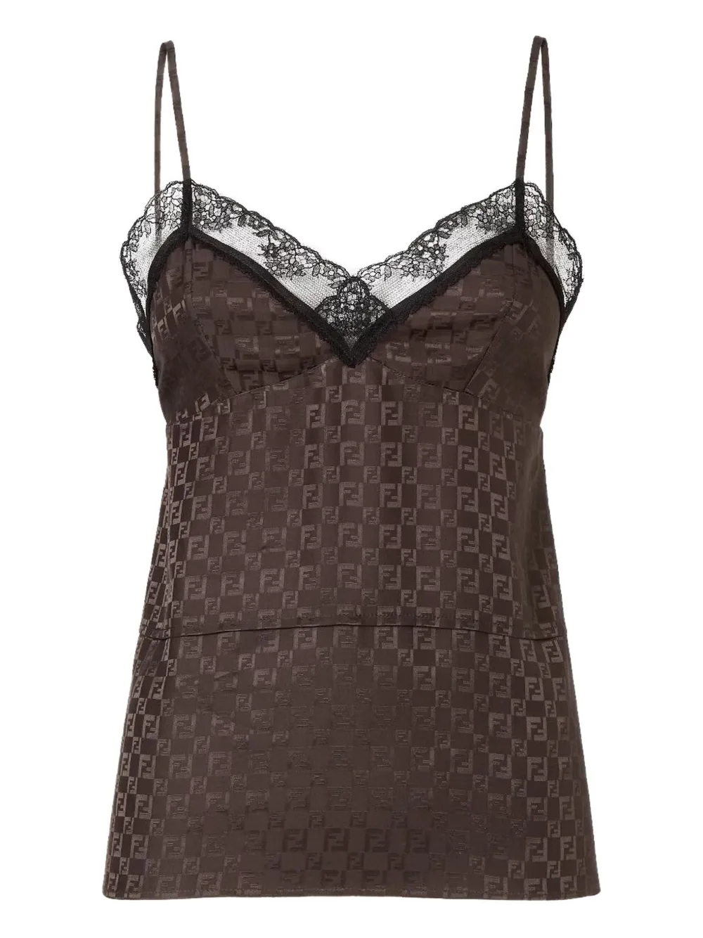 Fendi Jacquard Ff Lace-trimmed Top In Brown