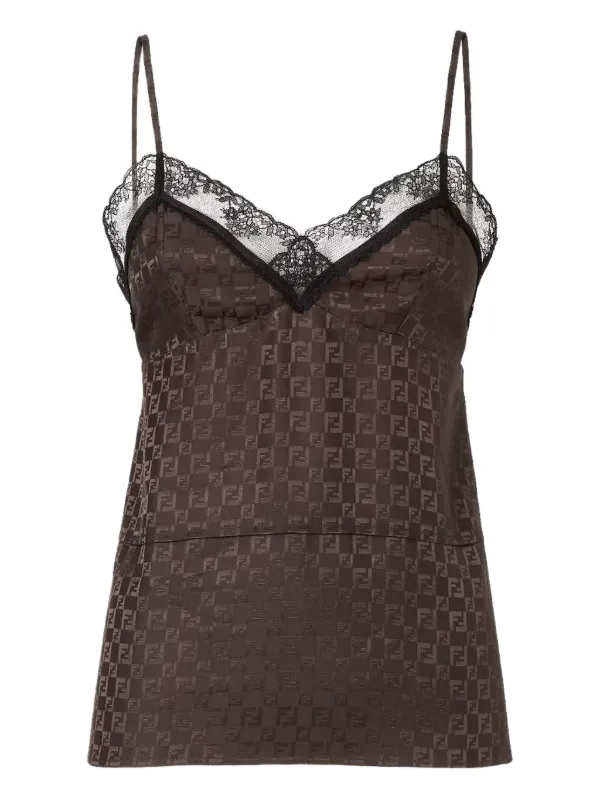 Fendi Jacquard FF Lace-trimmed Top in Brown