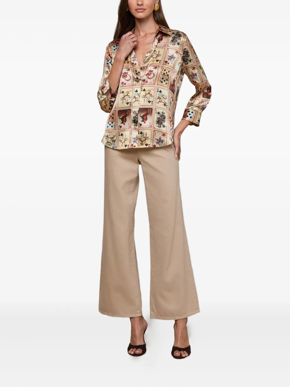 L'agence Dani Three-quarter-sleeve Printed Shirt In Neutral