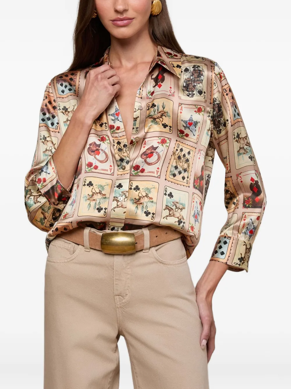 L'agence Dani Three-quarter-sleeve Printed Shirt In Neutral